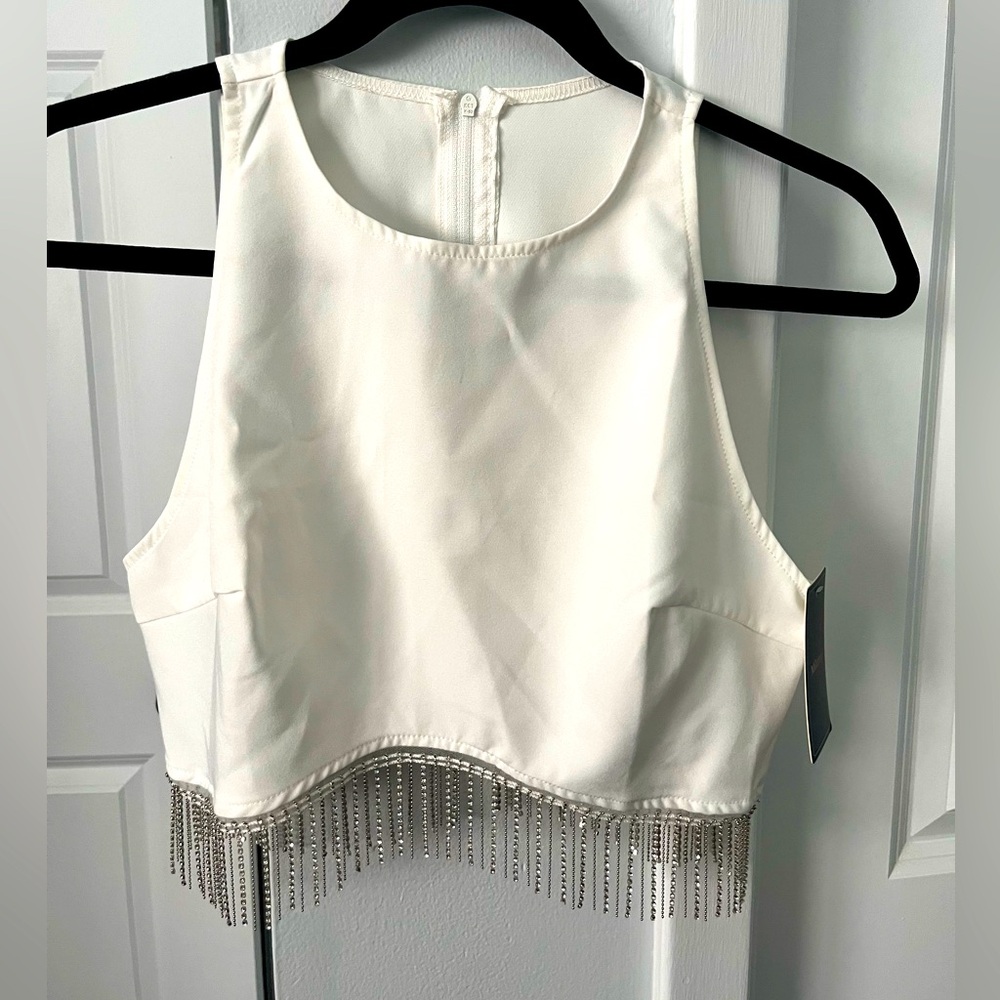 Cropped White Tank Top with Rhinestone Fringe